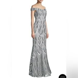Women’s Formal Dress Size 12 AIDAN MATTOX Beaded Sequins Off Shoulder Silver